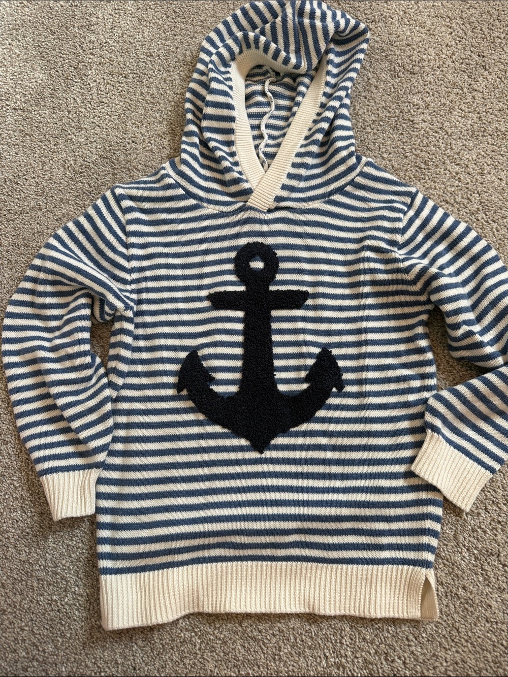 H&M Striped Hooded Sweater with Navy Anchor - Blue & Cream (2-4)